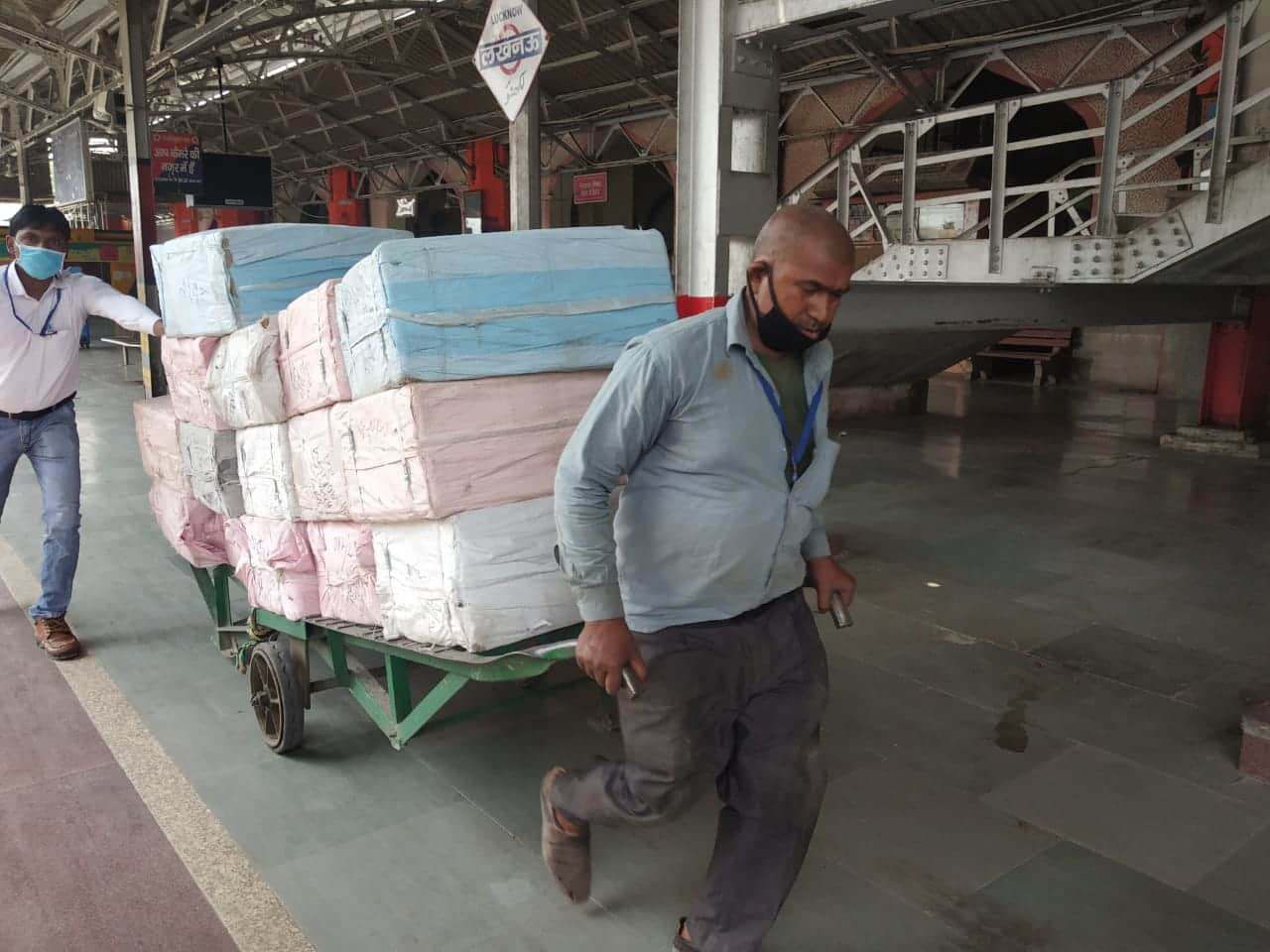 Essential goods being transported at Charbag railway station in Lucknow amid lockdown