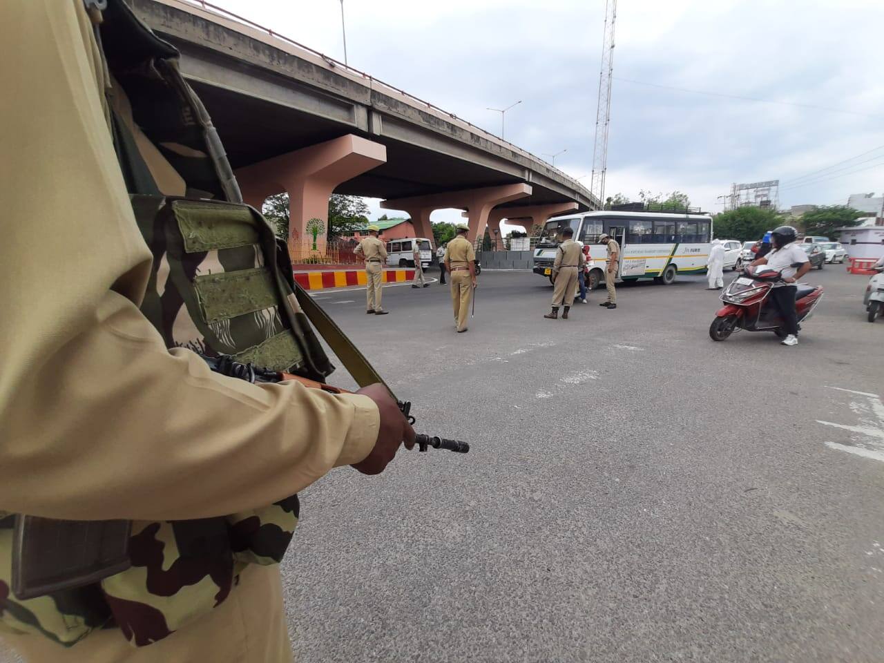 Security personnel check movement of people in Jammu during lockdown