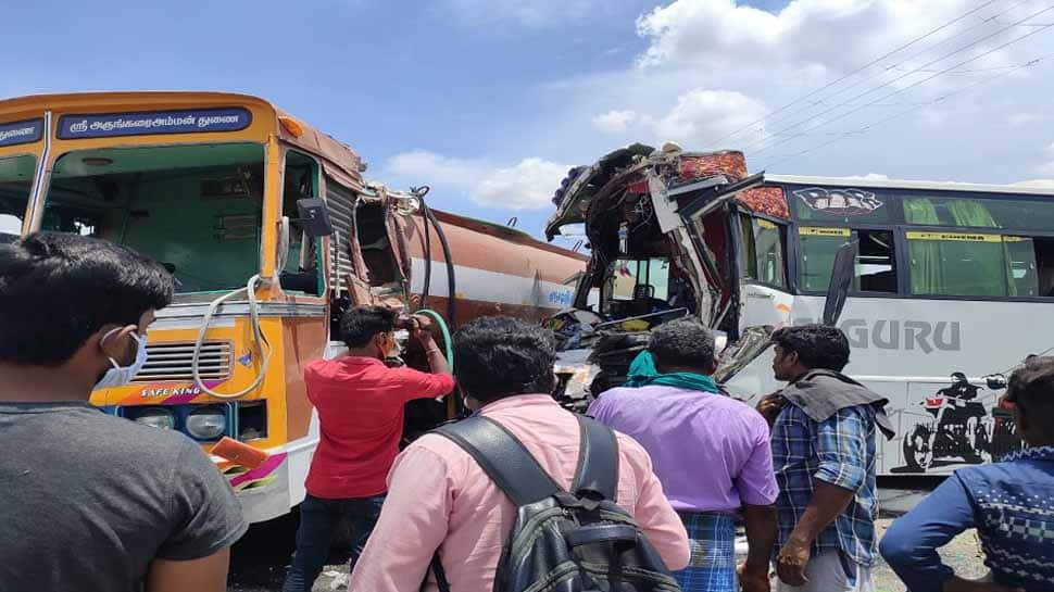 Bus on way to Kerala collides with water tanker in Tamil Nadu&#039;s Karur, 25 injured