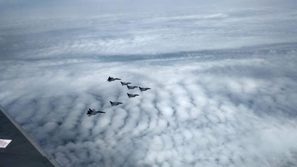 Rafale fighter aircraft being escorted by IAF's Sukhoi Su-30MKIs