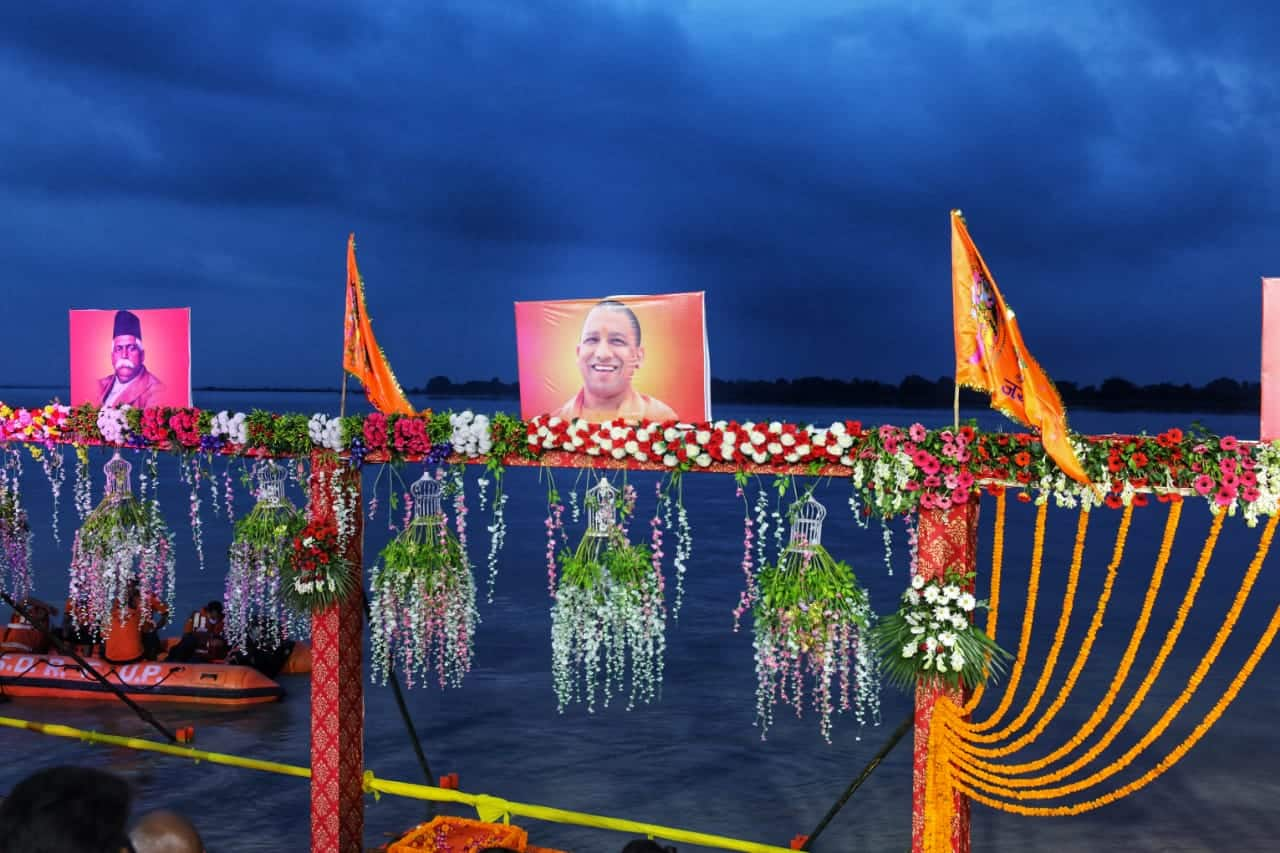 An illuminated view of the bank of River Saryu