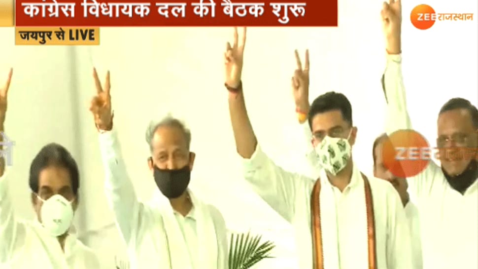 Ahead of special assembly session, Rajasthan CM Ashok Gehlot, Sachin Pilot meet for first time, flash victory sign