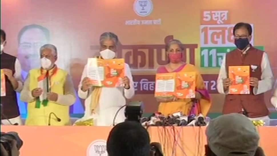 Bihar assembly election 2020: FM Nirmala Sitharaman releases BJP&#039;s &#039;Sankalp Patra,’ party promises 19 lakh jobs, free COVID-19 vaccines