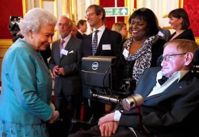 Stephen Hawking got to meet Britain's Queen Elizabeth during a reception at St. James Palace in London