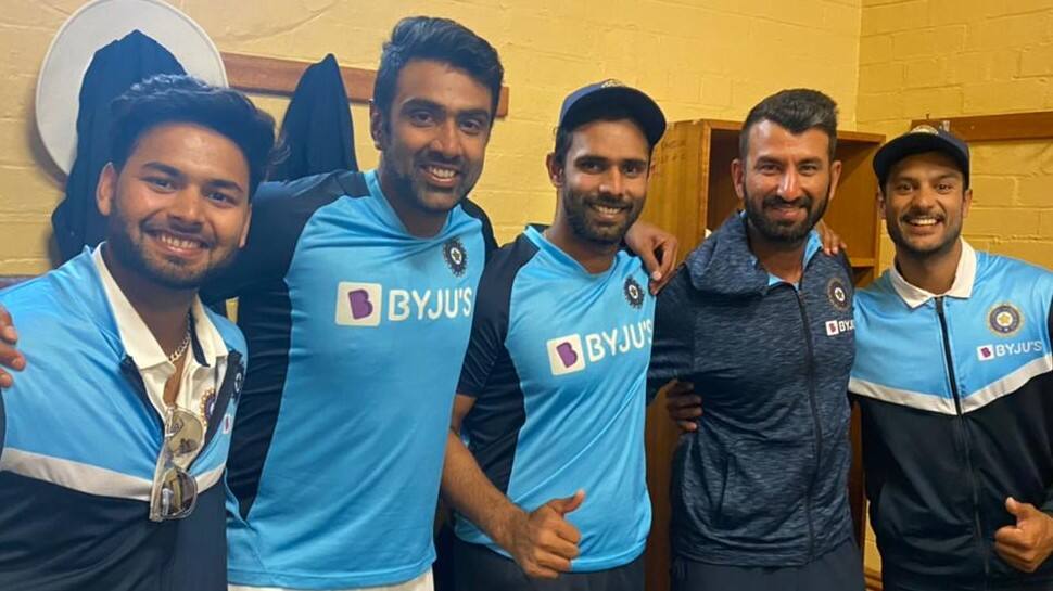 Rishabh Pant (from left), Ravichandran Ashwin, Hanuma Vihari, Cheteshwar Pujara with Mayank Agarwal in the Indian dressing room.