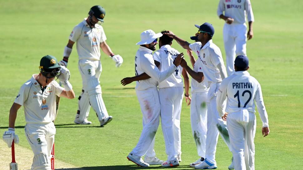 Indian team congratulates T. Natarajan after he picked up his maiden Test wicket. (Photo: BCCI)