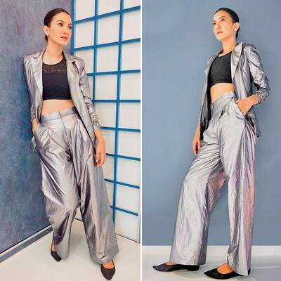 Gauahar Khan pulled off a stunning silver suit for the launch of 'Tandav'