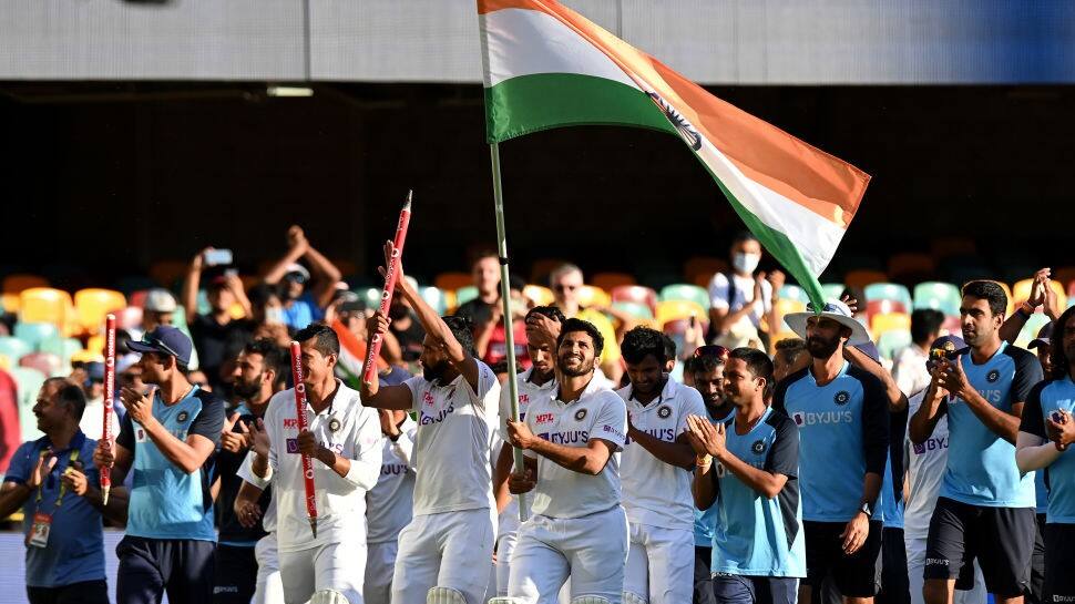 Team India take lap of honour around Gabba after winning the four and final Test against Australia. (Photo: BCCI)