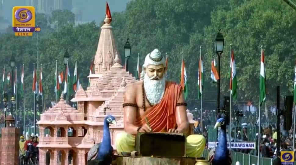 Designed on the theme 'Ayodhya: Cultural Heritage of Uttar Pradesh', the tableau of Uttar Pradesh displays Ram Mandir. (Photo: ANI) 