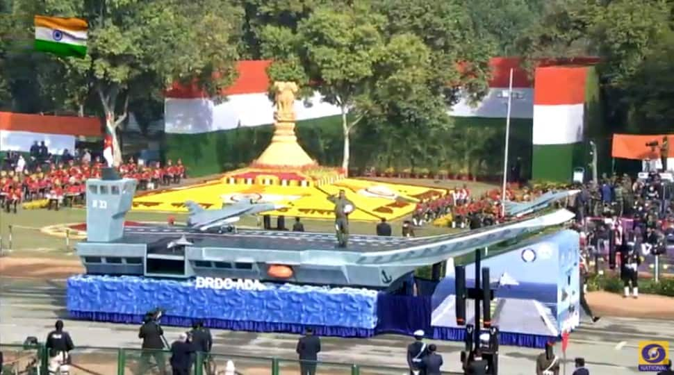 DRDO contingent this year consisted of two tableaus: Light Combat Aircraft-Navy - Take off from INS Vikramaditya and Anti-Tank Guided Missiles. (Photo: ANI) 