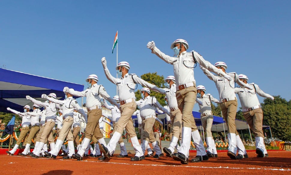 Gujarat Police contingent participate in a parade on the occasion of 72nd Republic Day, in Ahmedabad, on Tuesday. (Photo: PTI)