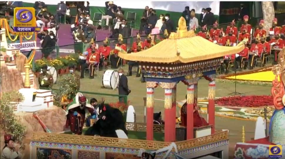 The display of cultural tableaux begins at Republic Day parade, with Ladakh leading. It's the first-ever tableau of the UT. (Photo: ANI)