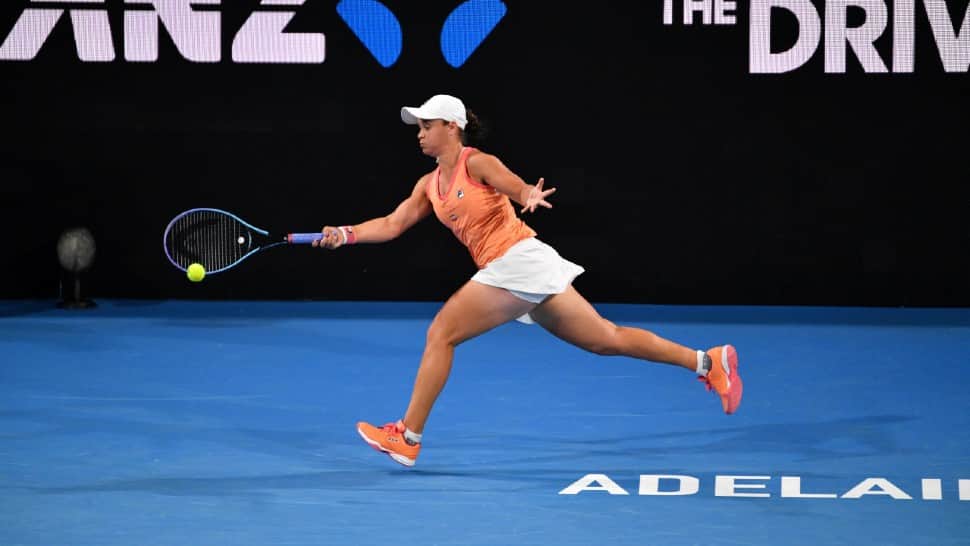 World No. 1 Ashleigh Barty from Australia in action against Simona Halep in the exhibition match in Adelaide on Friday. (Source: Twitter)
