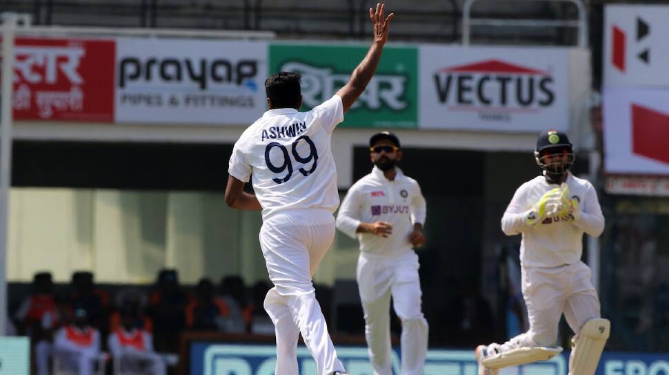 Ravichandran Ashwin celebrates the dismissal of England opener Rory Burns on Day One in Chennai. (Photo: BCCI)