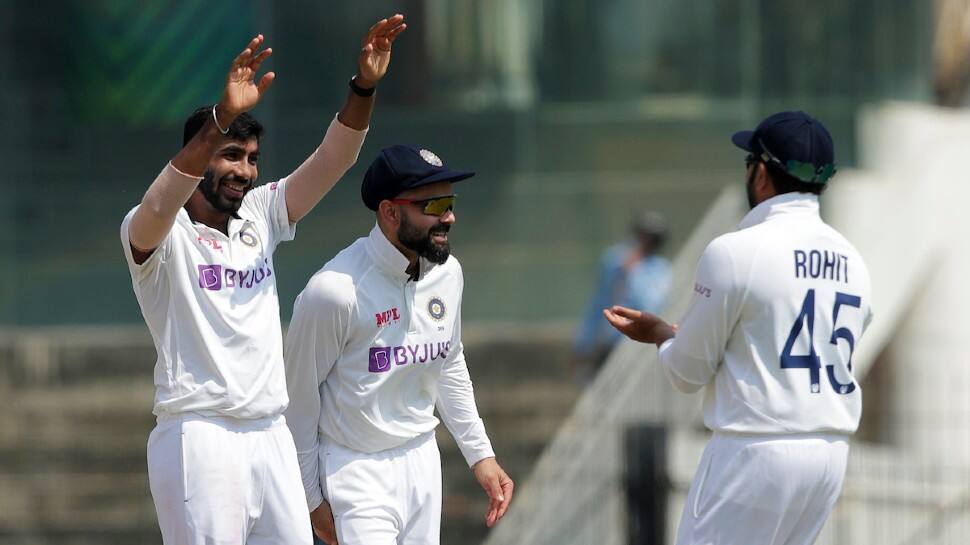 Jasprit Bumrah celebrates the dismissal of Dominic Sibley in the final over of the opening day's play. (Source: Twitter)