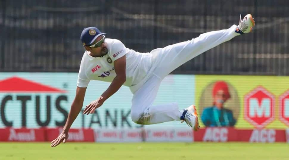 Shahbaz Nadeem dives to make a save in the field on the opening day of first Test in Chennai. (Photo: PTI)