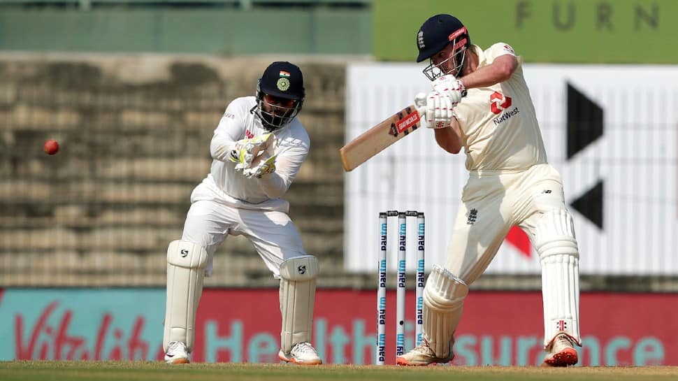 Dominic Sibley en route to scoring 87 on Day One of the first Test against India. (Source: Twitter)