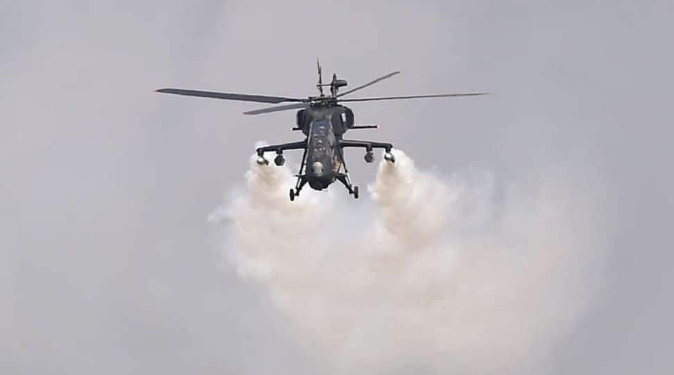 Indian Air Force's Light Combat Helicopter Rudra performs during the 13th edition of the Aero India show at Yelahanka air base in Bengaluru