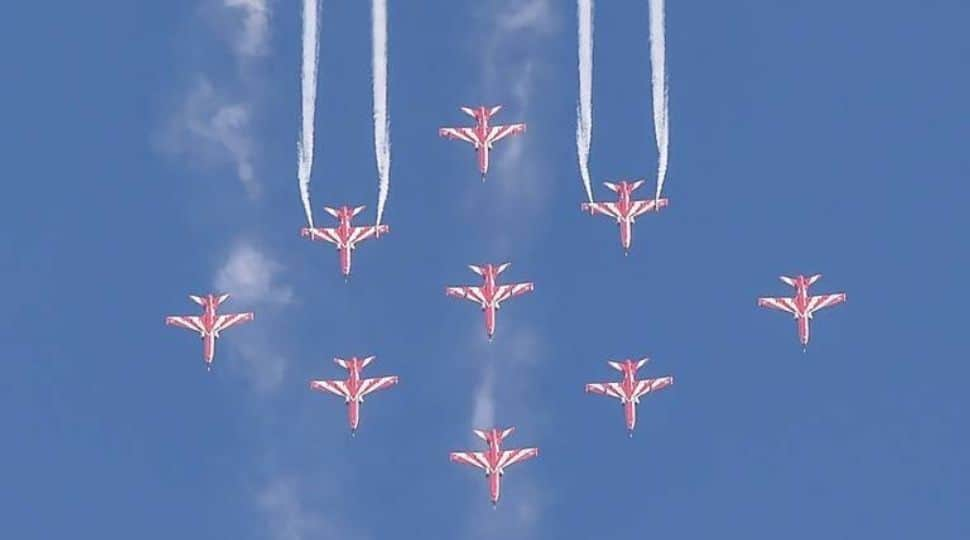 Indian Air Force's aircraft from Surya Kiran aerobatic team performs a number of difficult stunt with ease at the air show in Bengaluru.