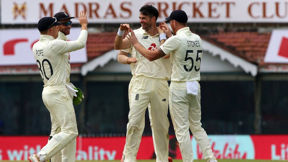 James Anderson celebrates after picking up a wicket on Day Five of the first Test in Chennai. (Source: Twitter)