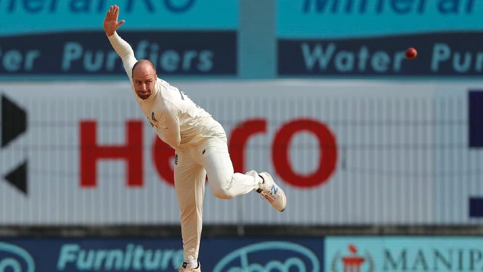 England left-arm spinner Jack Leach bowls against India in the first Test in Chennai. (Source: Twitter)