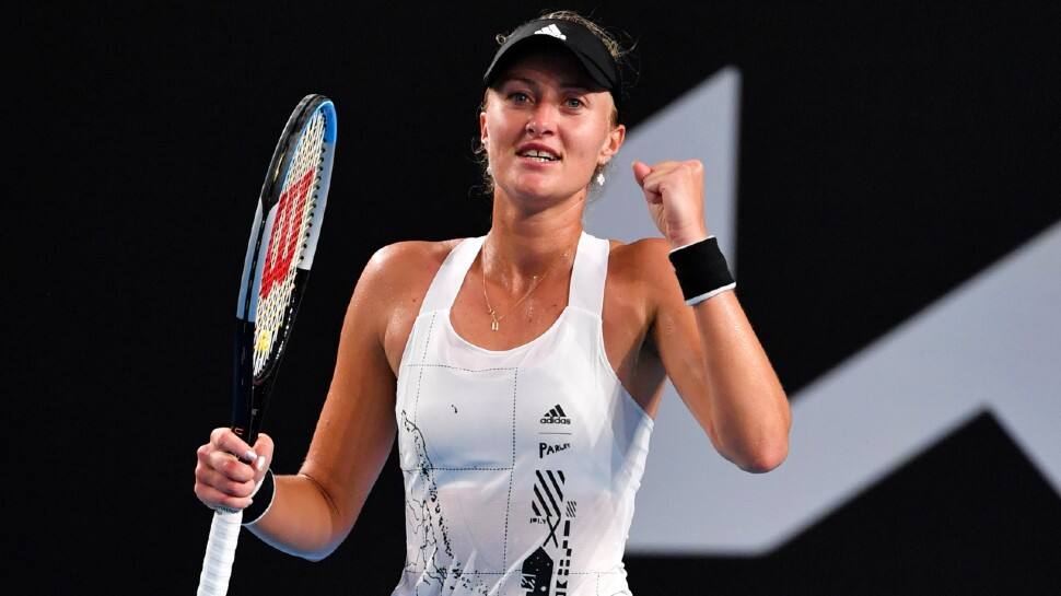 Kristina Mladenovic is all smiles after her win over Nao Hibino of Japan in Australian Open 2021 second round. (Source: Twitter)