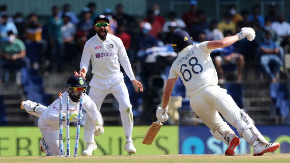 India's Rishabh Pant acrobatically stumps Dan Lawrence on Day Four of the second Test. (Photo: BCCI)