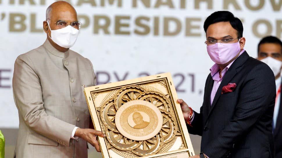 President Ram Nath Kovind congratulates BCCI secretary Jay Shah at the inauguration of the Narendra Modi Stadium in Ahmedabad. (Photo: PTI)