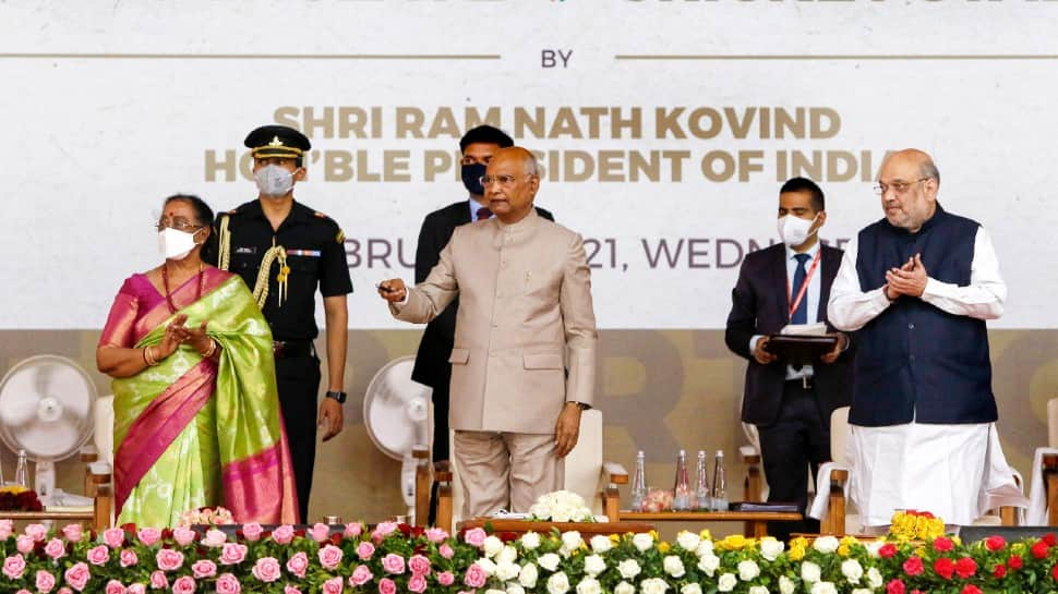 President Ram Nath Kovind (centre) with his wife and Union Home Minister Amit Shah at the inauguration event for the Narendra Modi stadium. (Photo: PTI) 