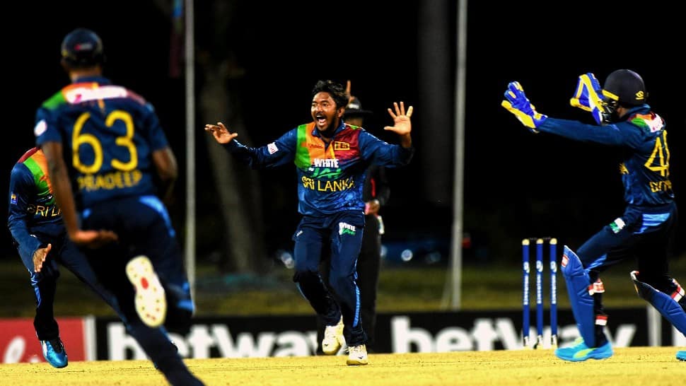 Sri Lanka off-spinner Akila Dananjaya celebrates after picking up a hat-trick against West Indies in the first T20. (Source: Twitter)