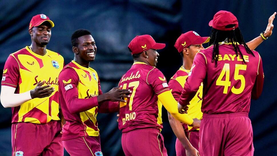 West Indies team celebrate after picking up a wicket in the first T20 against Sri Lanka in Antigua. (Source: Twitter)