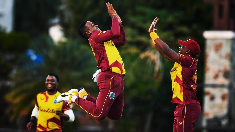 West Indies' Fabian Allen celebrates after picking up a wicket in the third T20 against Sri Lanka in Antigua. (Source: Twitter)