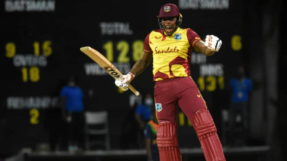 West Indies all-rounder Fabian Allen celebrates after hitting the winning runs in the third T20 against Sri Lanka. (Photo: Cricket West Indies)