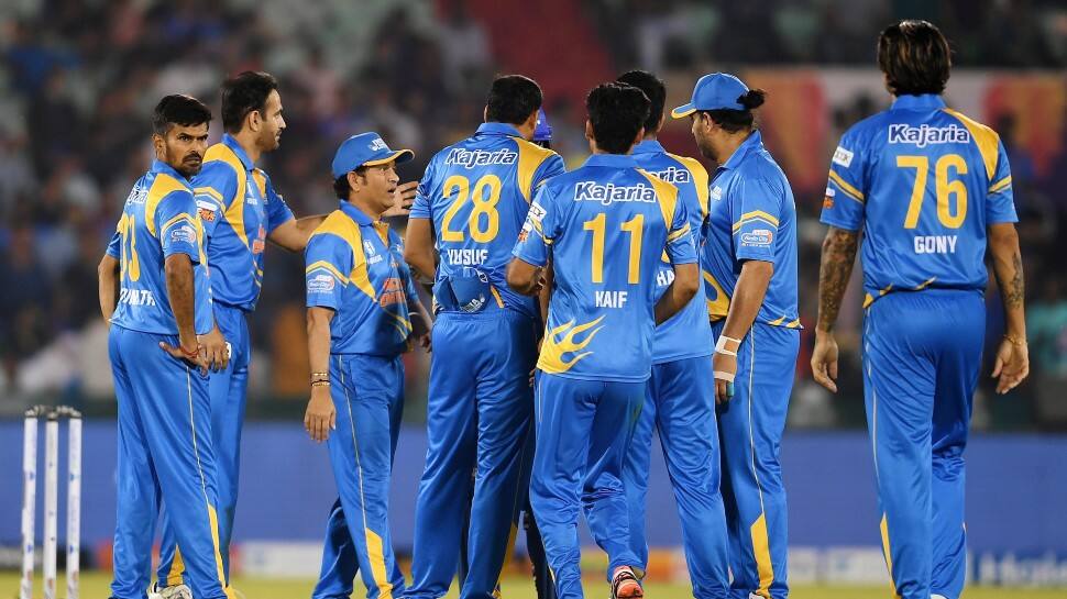 India Legends team celebrate a dismissal of England Legends batsman in their Road Safety World Series clash. (Source: Twitter)