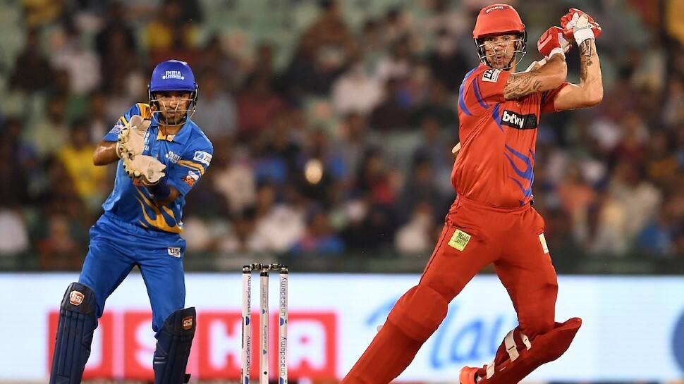 England Legends skipper Kevin Pietersen hits a boundary during his whirlwind knock of 75 against India Legends. (Source: Twitter)