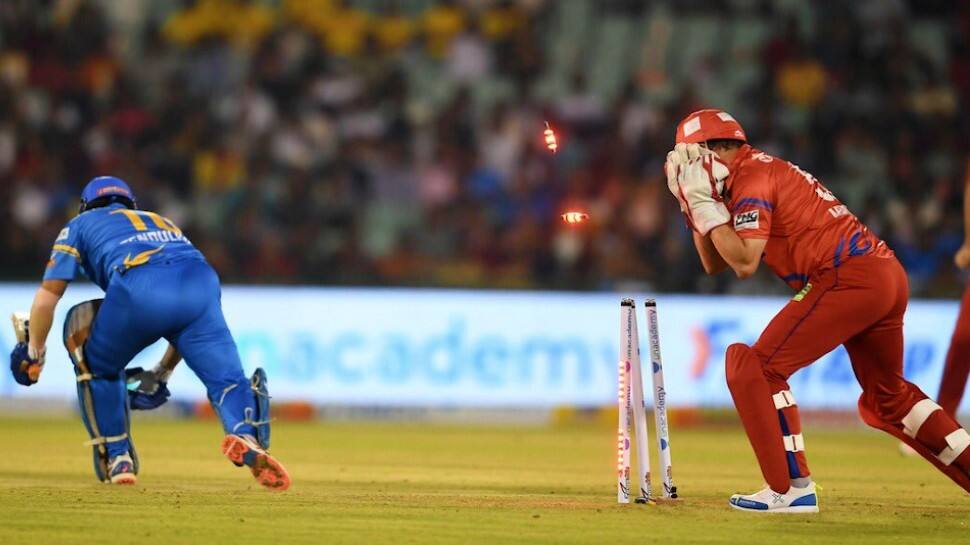 India Legends skipper Sachin Tendulkar is stumped by England Legends' Phil Mustard off the bowling of Monty Panesar. (Source: Twitter)