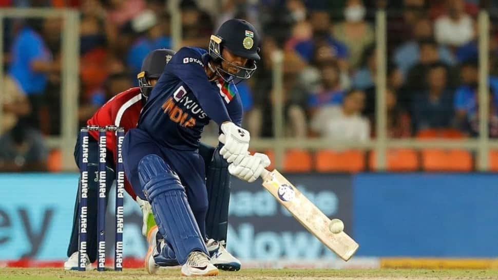 India opener Ishan Kishan goes for a big one en route his maiden fifty in the second T20 against England. (Source: Twitter)