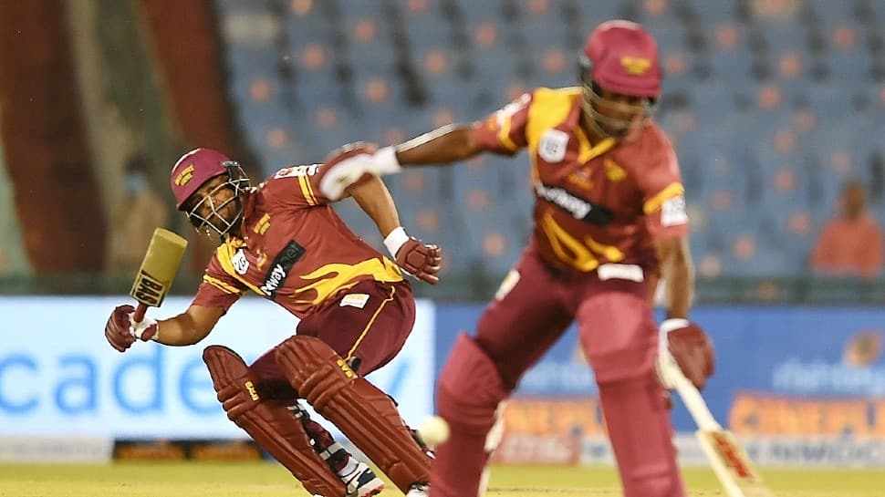 West Indies Legends' Narsingh Deonarine attempts to get back into the crease in their game against England Legends in the Road Safety World Series game in Raipur. (Source: Twitter)