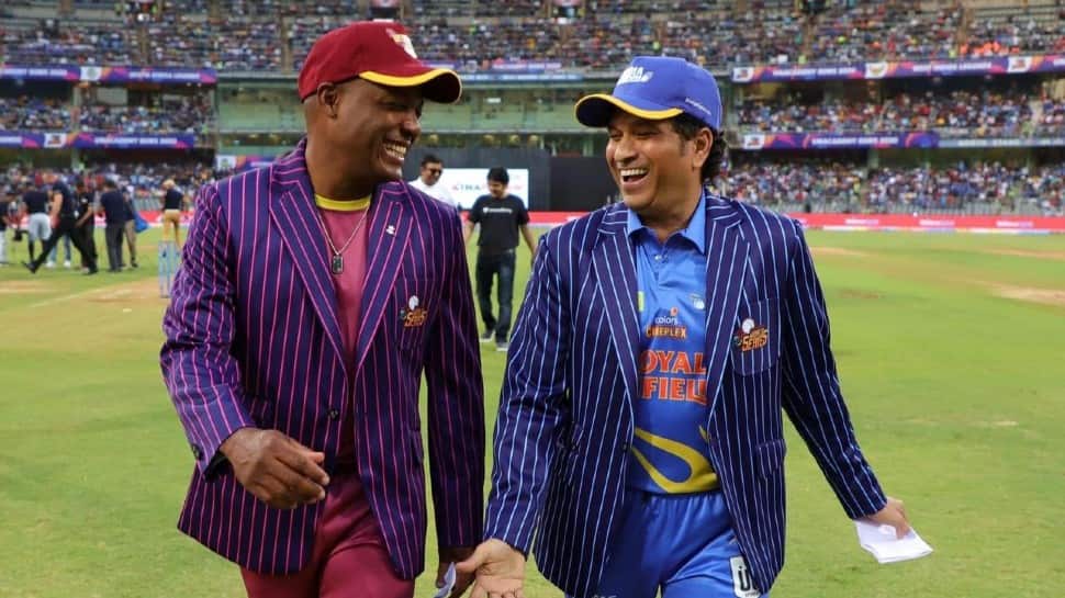 Brian Lara's West Indies Legends (left) and Sachin Tendulkar's India Legends will face off in the first semifinal of the Road Safety World Series in Raipur. (Source: Twitter)