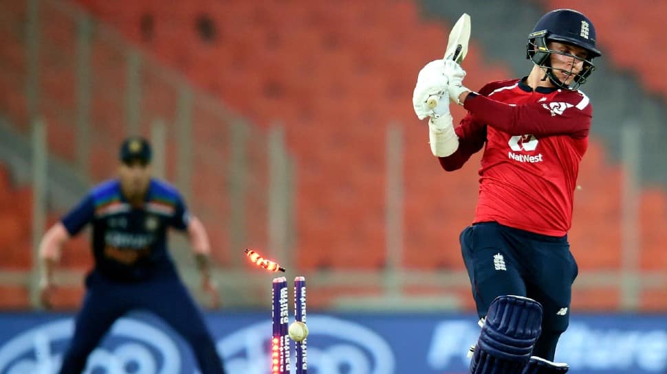 England all-rounder Sam Curran is out bowled in the 4th T20 against India in Ahmedabad. (Photo: PTI)