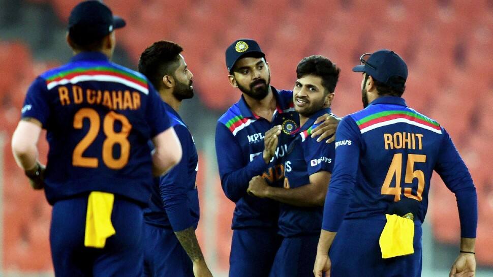 India paceman Shardul Thakur (centre) celebrates after picking up an England wicket in the 4th T20. (Photo: PTI)