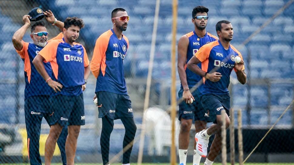 India's left-arm paceman T. Natarajan bowls in the nets in Pune ahead of the first ODI against England. (Photo: PTI)