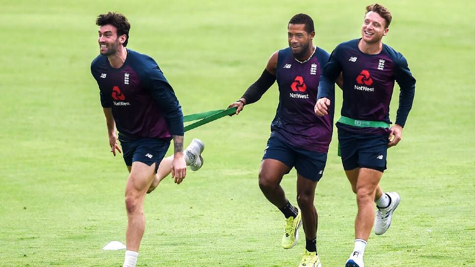 England players Reece Topley (from left), Chris Jordan and Jos Buttler at training in Pune. (Photo: PTI)