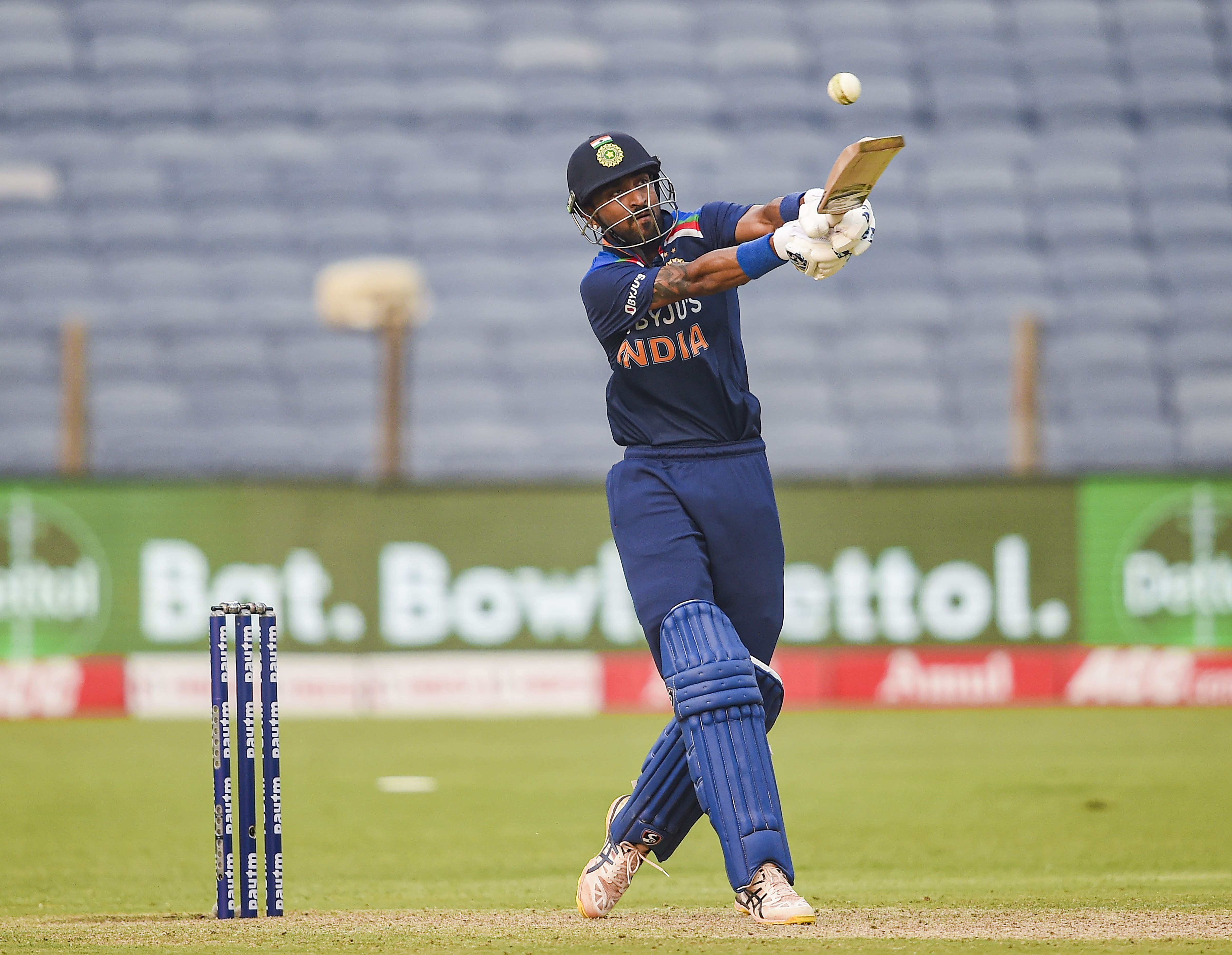 Krunal Pandya en route to scoring a whirlwind fifty against England in the first ODI in Pune. (Photo: BCCI)