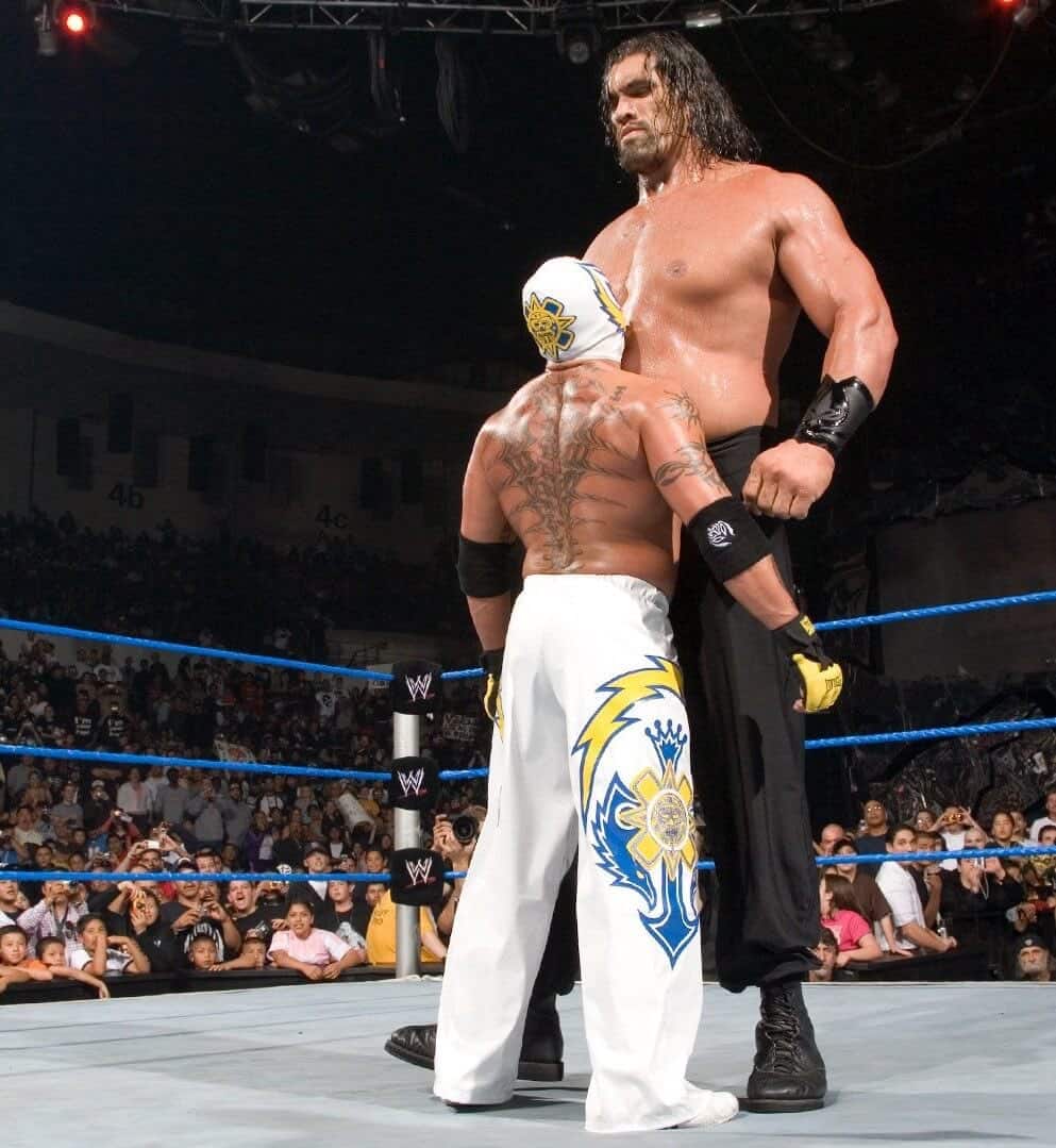 Khali became the top superstar in the company right after his debut and was involved in a storyline with The Undertaker. (Source: Twitter)