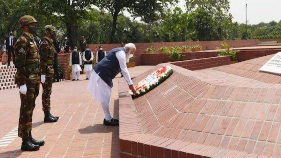 PM Modi laying a wreath at National Martyrs’ Memorial