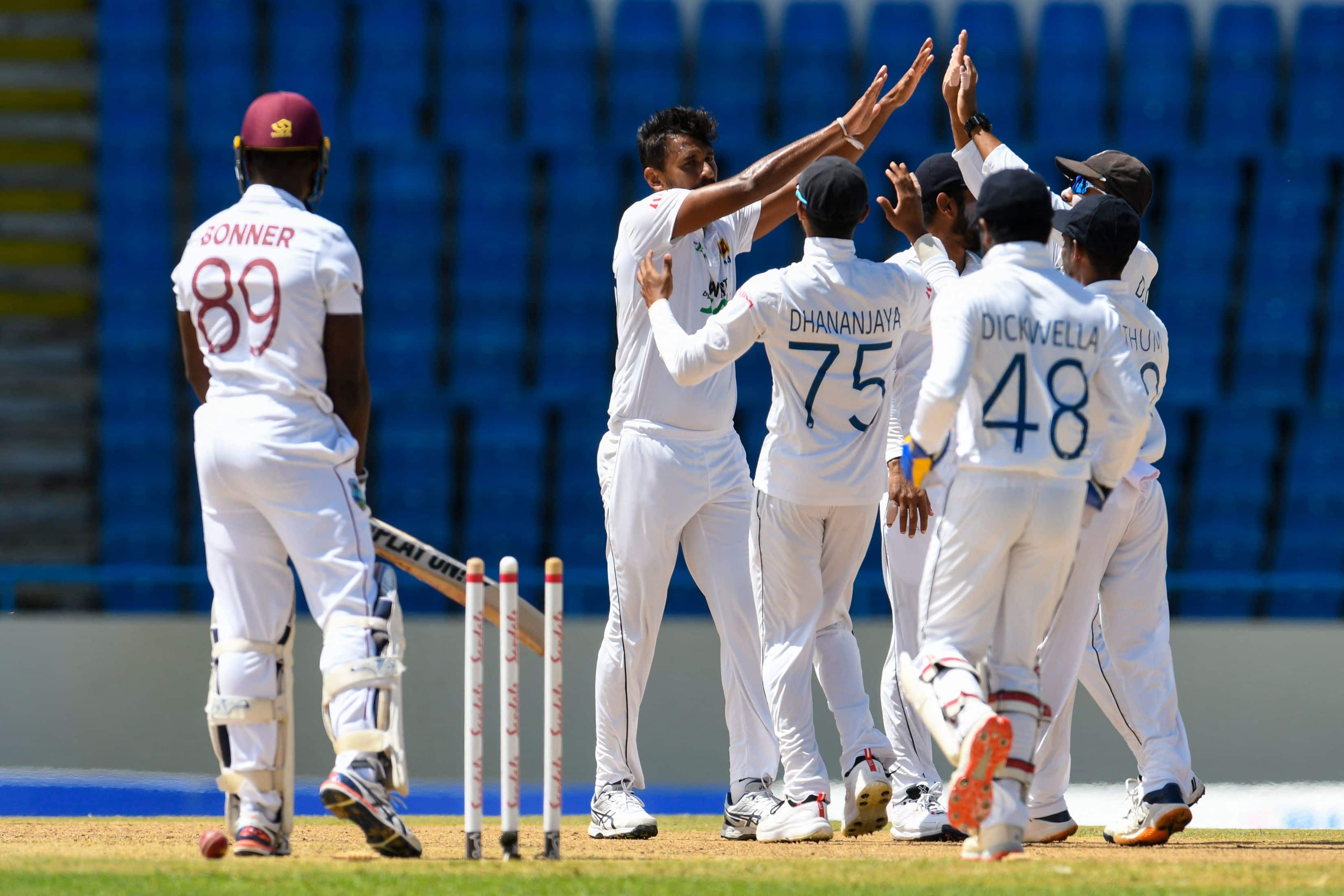 Sri Lanka paceman Suranga Lakmal celebrates after picking up a wicket on Day 1 of the 2nd Test against West Indies. (Source: Twitter)