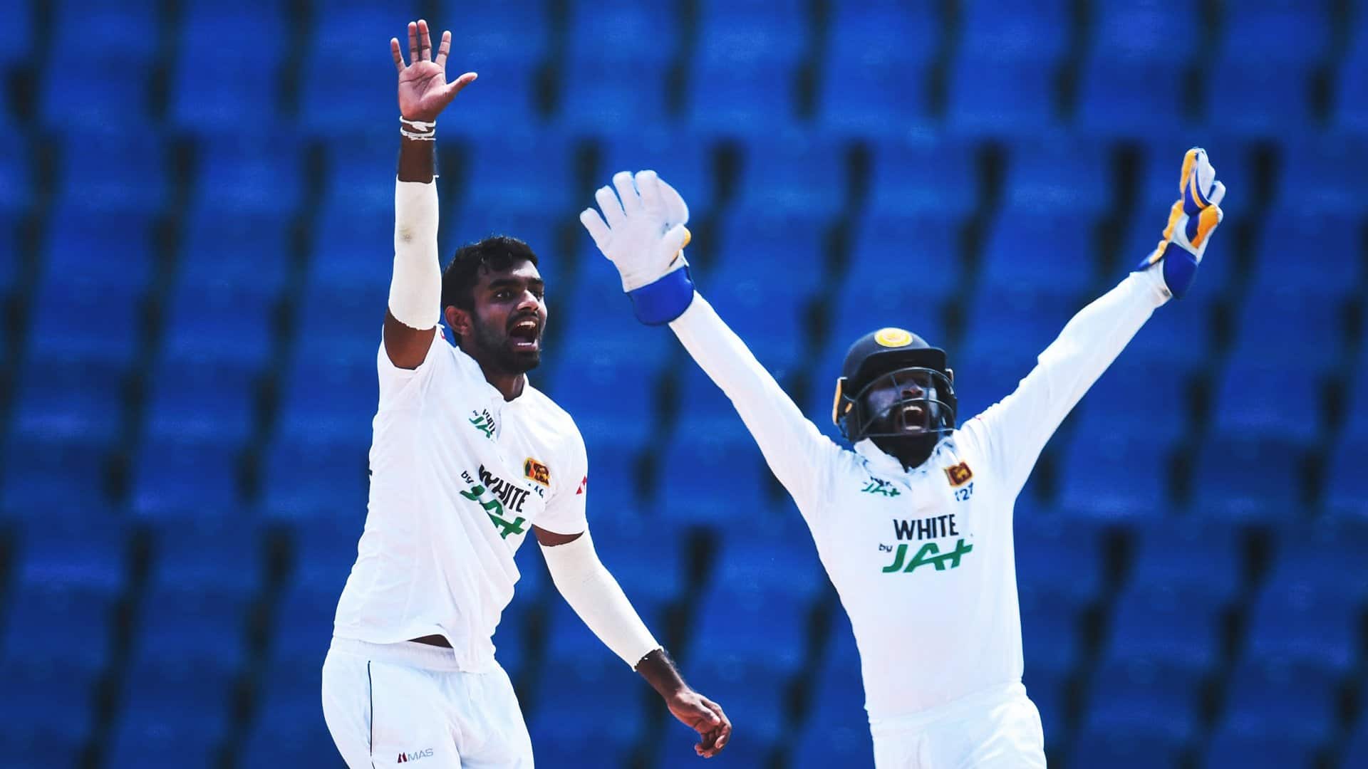 Sri Lanka's left-arm spinner Lasith Embuldeniya celebrates after taking a wicket on Day 1 of the 2nd Test. (Source: Twitter)