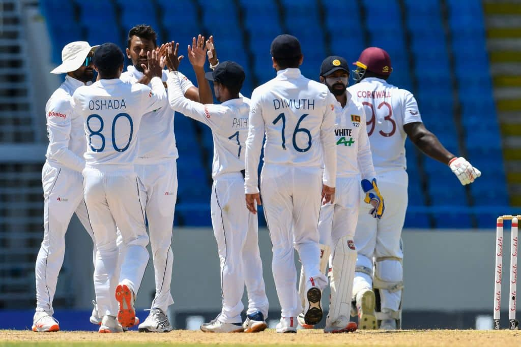 Sri Lanka paceman Suranga Lakmal celebrates after picking up a wicket on Day Two of the second Test against West Indies. (Source: Twitter)