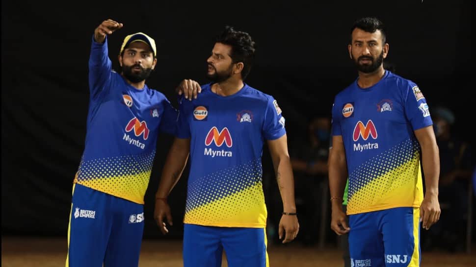 Chennai Super Kings all-rounder Ravindra Jadeja (left) with teammates Suresh Raina (centre) and Cheteshwar Pujara at a practice session in Mumbai. (Photo: Chennai Super Kings)